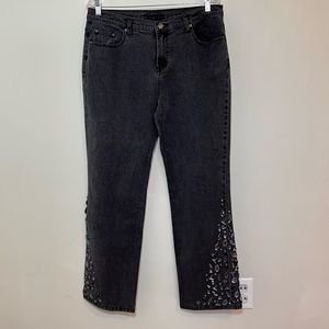 DG2 by Diane Gilman Retro Dark Gray Stonewash Beaded Jeans, Size 12 Petite